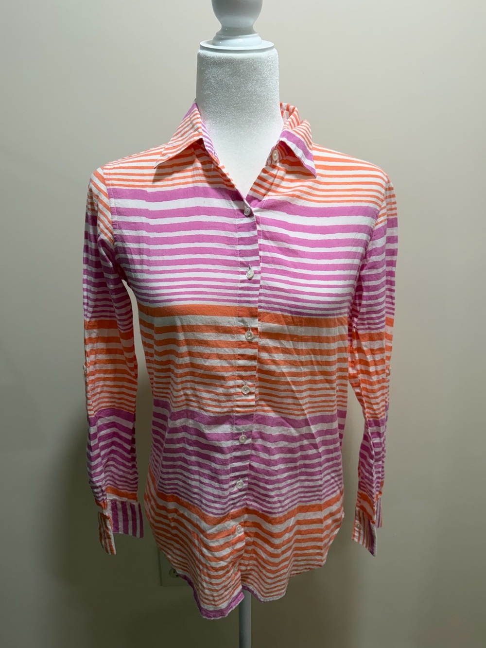 Oliphant White Orange Purple Stripe Cotton Long Sleeve Button Down Top Sz. XS